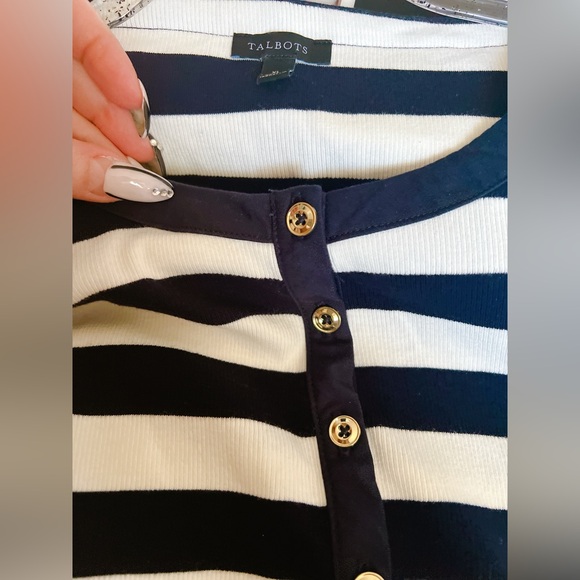 Talbots XL top Delfina stripe navy white long sleeve knit jersey 
V neck button - Picture 6 of 12